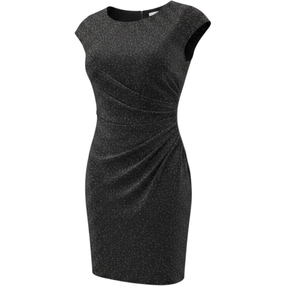 Julian Taylor NY Metallic Glitter Ruched Sheath Dress 12 Black Silver Cap Sleeve